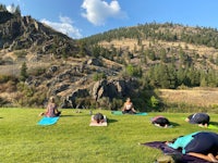 a group of people doing yoga on a grassy field